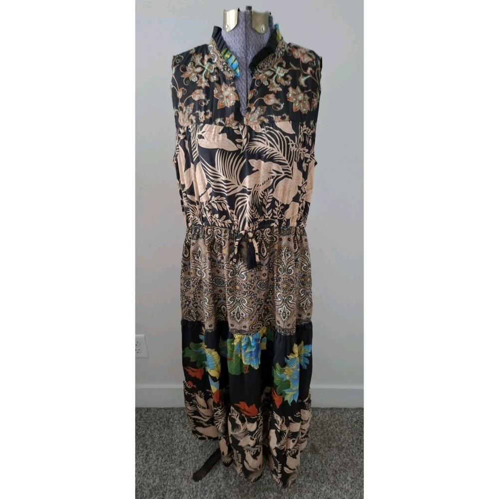 John Mark Mixed Print Boho Maxi Dress Sleeveless Tassel Tie Women’s M EUC